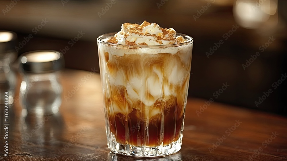 Creamy iced coffee drink with whipped cream and caramel swirl