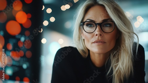 A confident woman wearing glasses is pictured in a focused state, symbolizing intelligence, determination, and professionalism in a modern business setting. photo