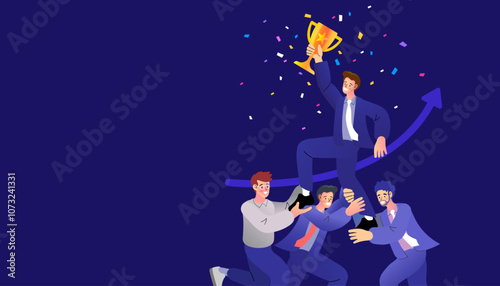 A business team celebrates success by lifting a colleague with a gold trophy, set against a rising arrow graph. A vector concept for teamwork, victory, support, and corporate achievement.