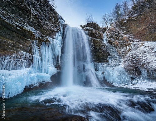 majestic waterfall frozen in mid-flow, its cascading water turned to ice