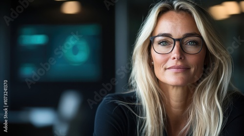 A professional woman is captivated by a dynamic data display, reflecting her engagement, intelligence, and the intricate relationship between technology and work. photo