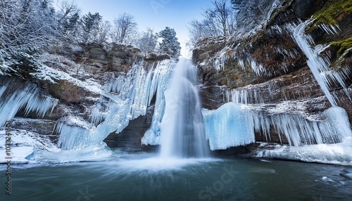majestic waterfall frozen in mid-flow, its cascading water turned to ice