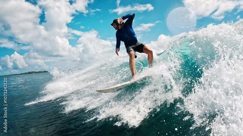 Male pro surfer rides the wave and makes smooth turns. Camera follows the rider Male pro surfer rides the wave and makes smooth turns. Camera follows the rider