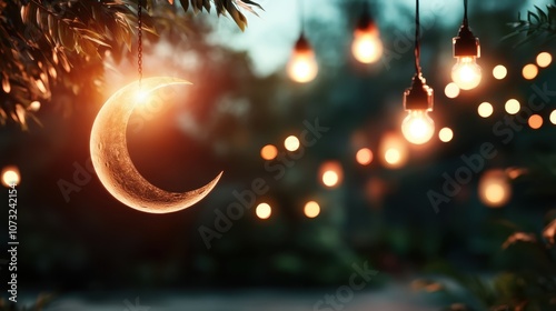 A sophisticated image appealingly showcases elegant lamps with a crescent moon enhancing the evening, creating a relaxing and soothing outdoor ambiance.