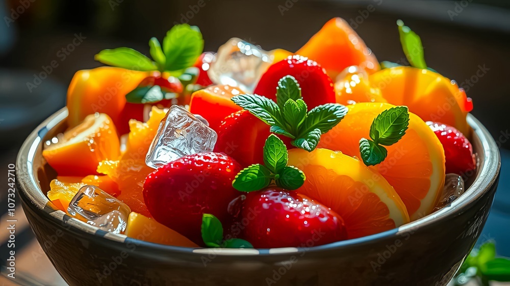 A bowl filled with fresh fruit, including strawberries, oranges, and mint leaves, with ice cubes to keep them cool and refreshing.