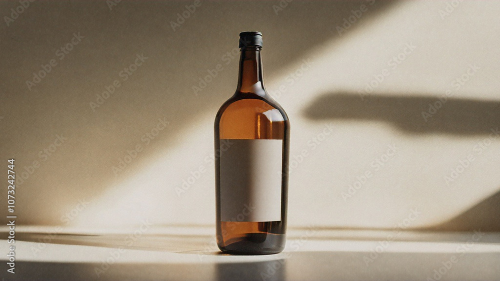 A dark glass bottle with a blank label sits on a wooden shelf in sunlight A dark glass bottle with a blank label sits on a wooden shelf in sunlight