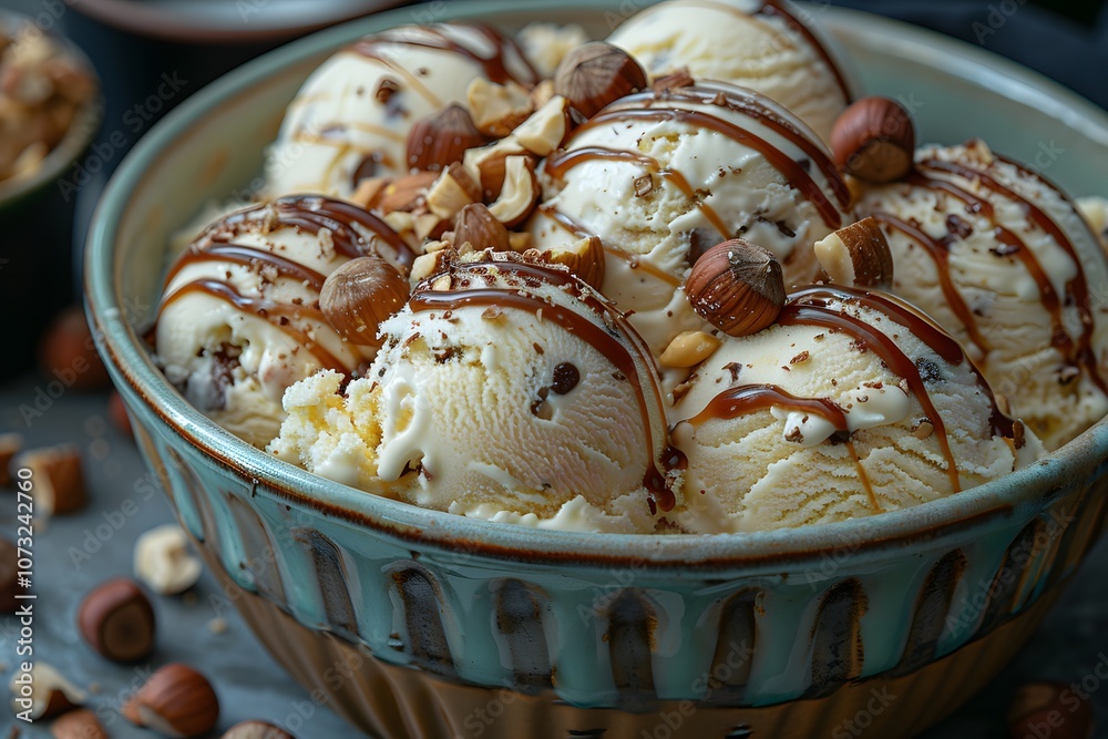 Delicious Vanilla Hazelnut Ice Cream Dessert with Chocolate Drizzle Delicious Vanilla Hazelnut Ice Cream Dessert with Chocolate Drizzle