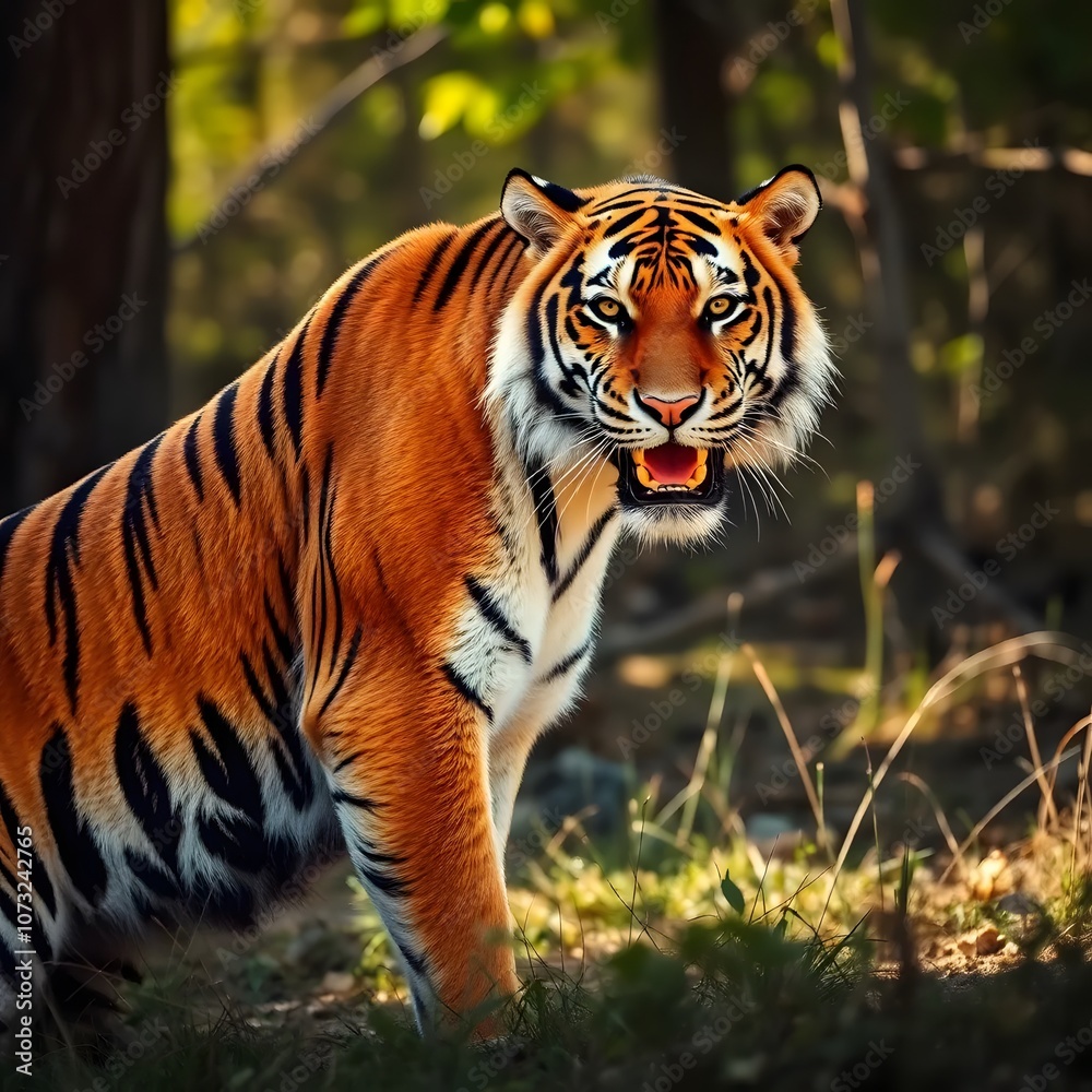 Obraz premium Bengal tiger isolated on white and transparent background. Tiger walking isolated on white and transparent background The royal Bengal tiger attack looking camera on white background.