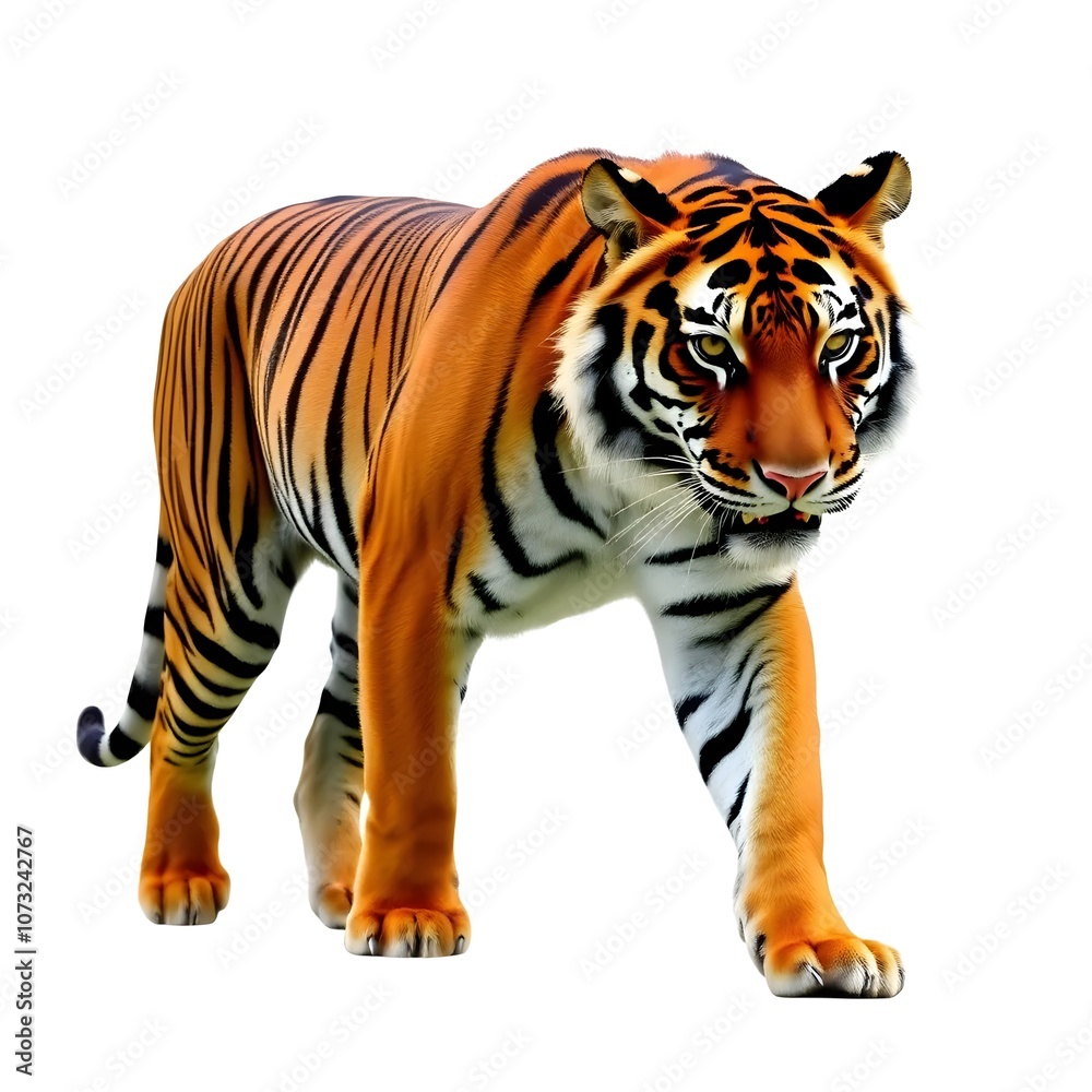 Naklejka premium Bengal tiger isolated on white and transparent background. Tiger walking isolated on white and transparent background The royal Bengal tiger attack looking camera on white background.