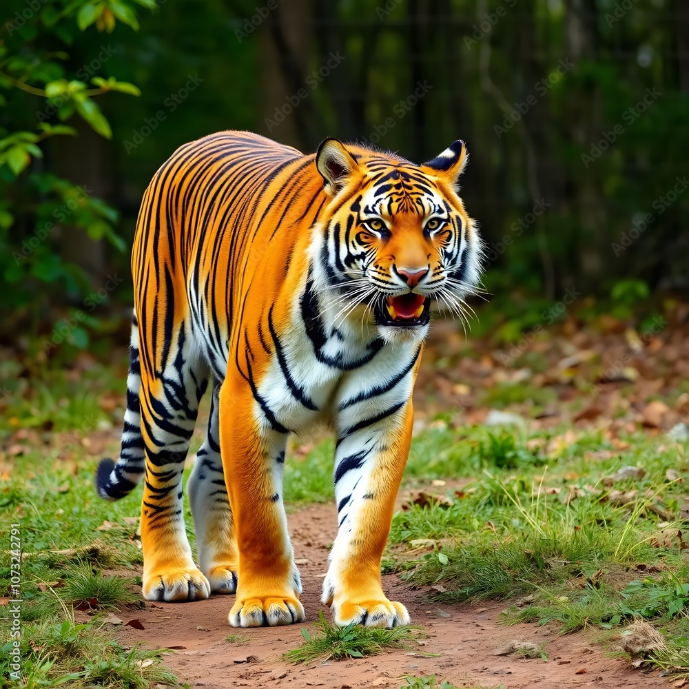 Fototapeta premium Bengal tiger isolated on white and transparent background. Tiger walking isolated on white and transparent background The royal Bengal tiger attack looking camera on white background.