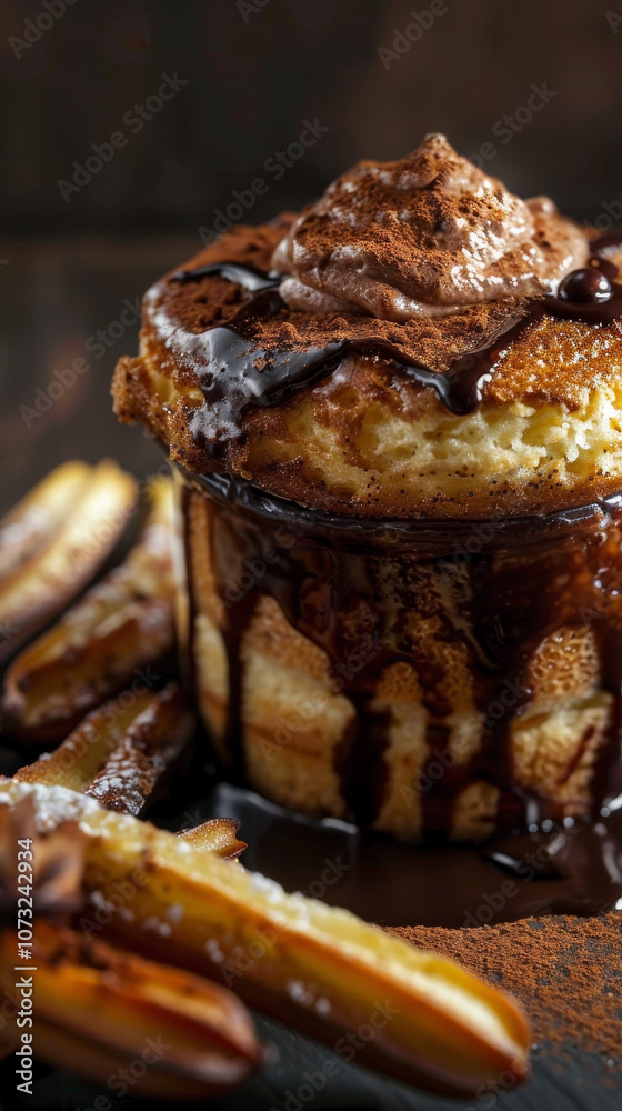 A vertical close-up of pistachio soufflé with a hint of cinnamon, showcasing its height and golden-brown crust, topped with Mexican chocolate sauce and surrounded by churros.