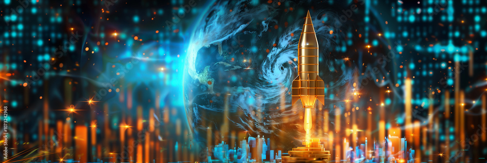 rocket in front of a golden coin graph, representing a money and finance concept Background rocket in front of a golden coin graph, representing a money and finance concept Background