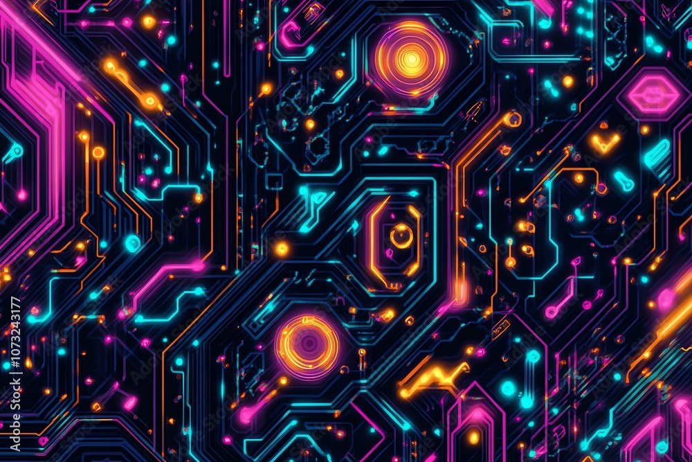 Vibrant circuit patterns intertwined with luminous shapes. Vibrant circuit patterns intertwined with luminous shapes.