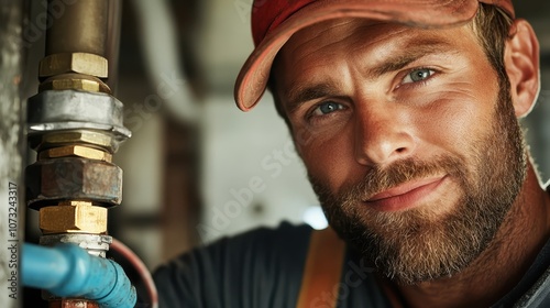 A close-up portrait captures a bearded worker wearing a red cap and uniform, his confident expression highlighted against a blurred industrial background.