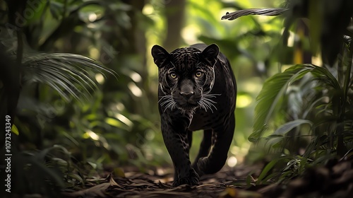 A black panther with piercing green eyes stares directly at the camera from amidst lush green foliage. photo