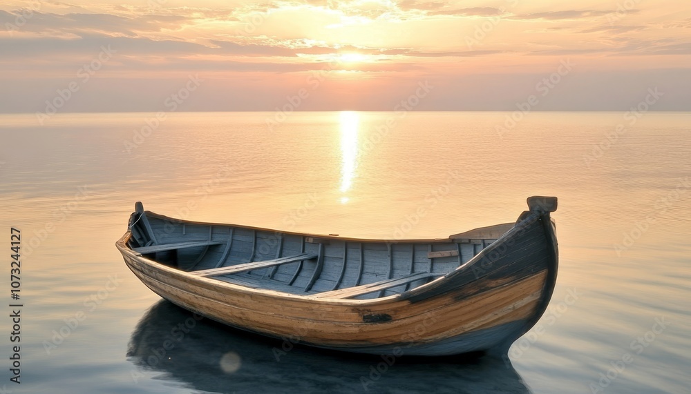 Serene Sunrise Over Calm Waters, Wooden Rowboat At Peace, Tranquil Seascape, Peaceful Morning Serene Sunrise Over Calm Waters, Wooden Rowboat At Peace, Tranquil Seascape, Peaceful Morning