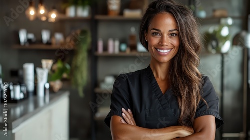 A smiling woman in black uniform stands confidently in a wellness studio, highlighting a tranquil atmosphere, modern decor, and a professional wellness-focused environment.