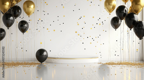 a stage for a birthday party in white, gold an black featuring balloons and confetti