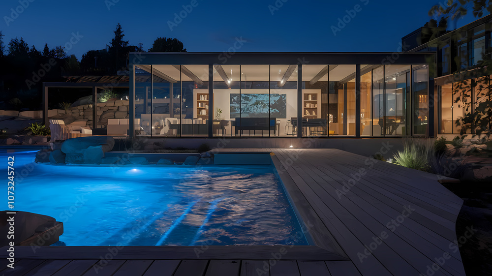 Fototapeta premium Modern home exterior at night with a glass wall and pool, showcasing stylish architecture and serene outdoor ambiance.