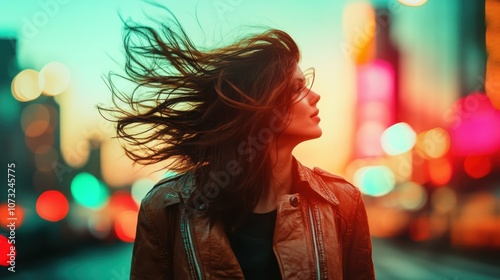 The side profile of a woman in a city lit with vibrant colors, her hair flying, capturing an introspective moment against a luminous urban backdrop. photo