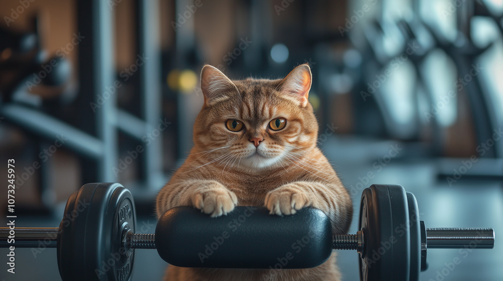 Naklejka premium Kot bierze udział w treningu w centrum fitness, co symbolizuje humorystyczne podejście do aktywności fizycznej u zwierząt domowych. 