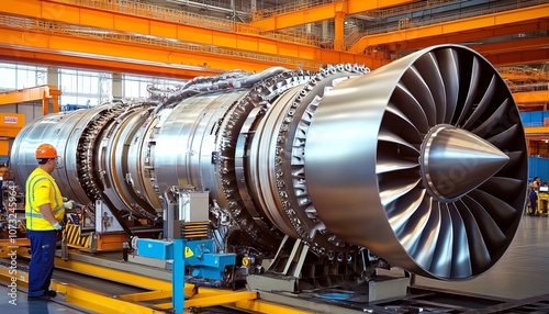 Aircraft Turbine Assembly Technician Working on a Massive Jet Engine in a High-Tech Factory.