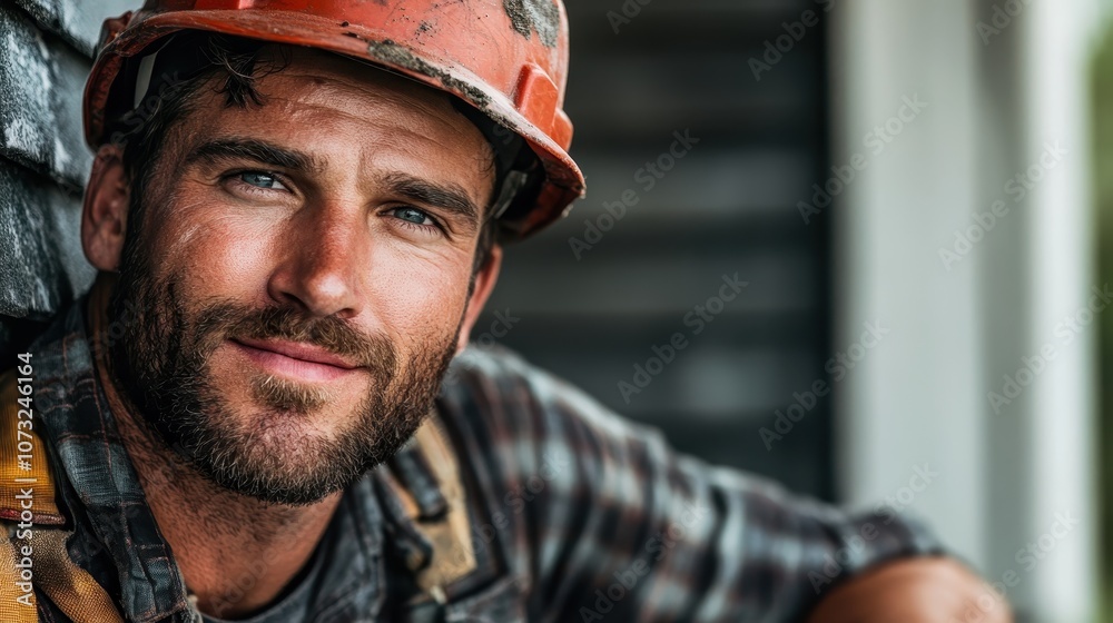 Fototapeta premium Portrait of a rugged construction worker wearing a hard hat and plaid shirt, smiling with natural confidence, encapsulating hard work and resilience in industry life.