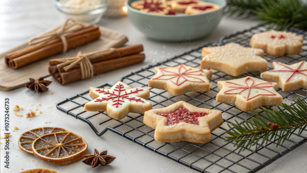 Christmas baking in the oven, A tray with just baked Christmas cookies
Christmas baking in the oven, A tray with just baked Christmas cookies