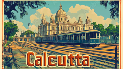 Calcutta, India, retro french vintage art nouveau travel poster art. City name in text, bold art nouveau font. Background, banner, wallpaper