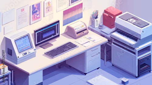 Polygraph isometric set of professional equipment for various types of printing with workers servicing machines vector illustration.