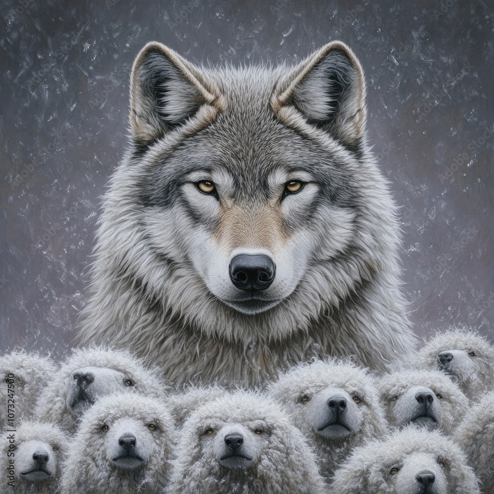 Fototapeta premium A lone, intense-eyed wolf stands towering above a crowd of sheep, symbolizing hidden danger and deception amidst innocence - AI Generated Digital Art.
