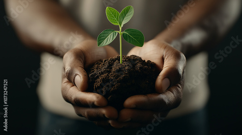 close up of hands holding small green plant in rich soil, symbolizing growth and nurturing. vibrant leaves contrast beautifully with dark background, evoking sense of hope and renewal photo