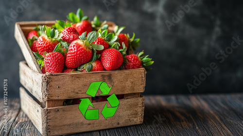 Dojrzałe truskawki w rustykalnym koszyku z zielonym symbolem recyklingu, co ilustruje zrównoważone podejście do upraw i spożywania żywności. 