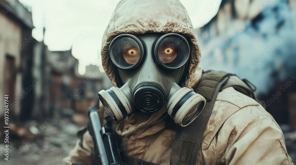 A soldier in camouflage and a gas mask peers intently through eyes bursting with tension, amidst a desolate and decrepit battlefield swathed in mist. A soldier in camouflage and a gas mask peers intently through eyes bursting with tension, amidst a desolate and decrepit battlefield swathed in mist.