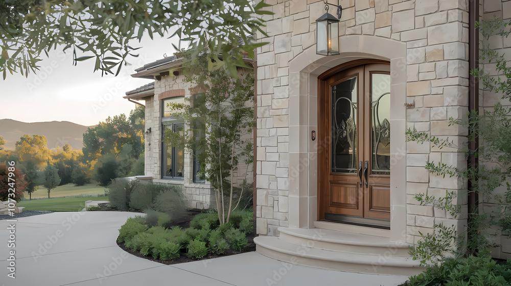 Elegant stone house entrance with wooden doors, surrounded by lush landscaping and scenic mountains in the background Elegant stone house entrance with wooden doors, surrounded by lush landscaping and scenic mountains in the background