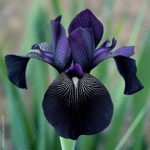 A close-up of a black and purple iris flower with intricate white veining on its petals, set against a soft, blurred green background - AI Generated Digital Art.