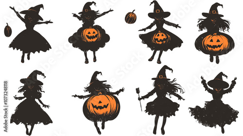Witches dancing at a Halloween party a Women in witch costume. Black silhouette Hand drawn cartoon style vector flat illustration isolated on white background.