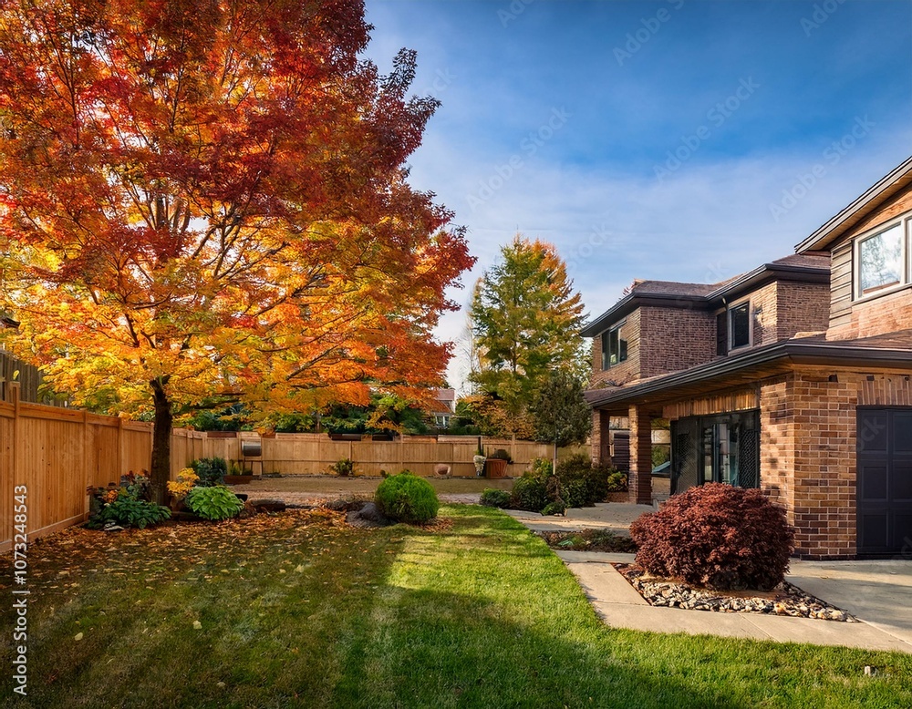 brick and wood suburban home backyard garden with colorful autumn trees brick and wood suburban home backyard garden with colorful autumn trees