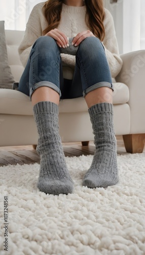 Cozy autumn afternoon at home with warm, slouchy grey socks and a knitted sweater on a soft rug