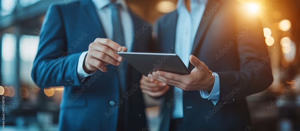 Two businessmen in suits discuss business over a tablet. Two businessmen in suits discuss business over a tablet.