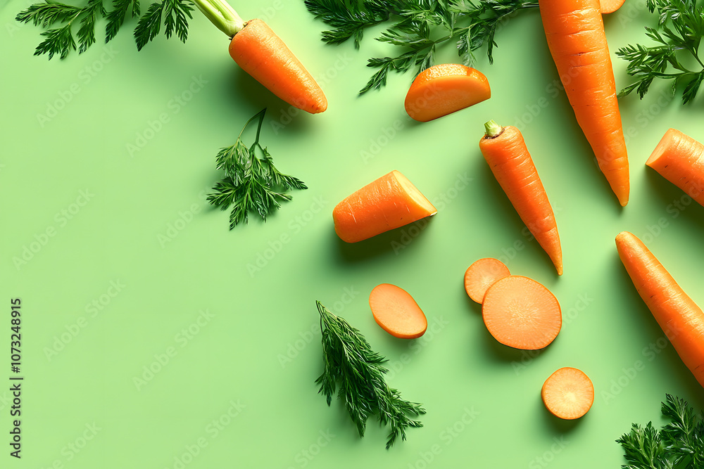 Fresh carrots and slices on green background Fresh carrots and slices on green background