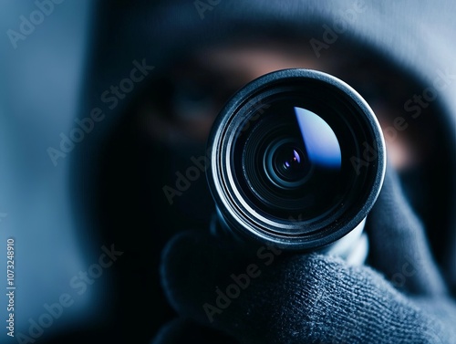 A shadowy figure points a camera lens directly at the viewer, evoking a sense of mystery and tension in a dark setting.