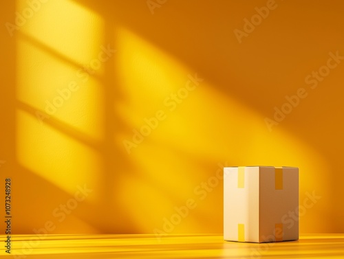 A plain cardboard box sits on a bright yellow floor, with sunlight casting shadows from a nearby window.