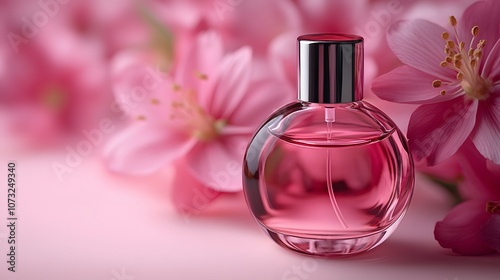 Elegant Pink Perfume Bottle with Floral Background