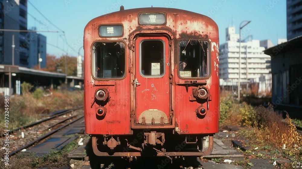An old red train rests on abandoned tracks in an urban setting, with rust and decay reflecting its long history and contrast against the city's modern backdrop. An old red train rests on abandoned tracks in an urban setting, with rust and decay reflecting its long history and contrast against the city's modern backdrop.