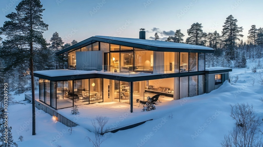 Modern Glass and Wood House in Snowy Forest Modern Glass and Wood House in Snowy Forest