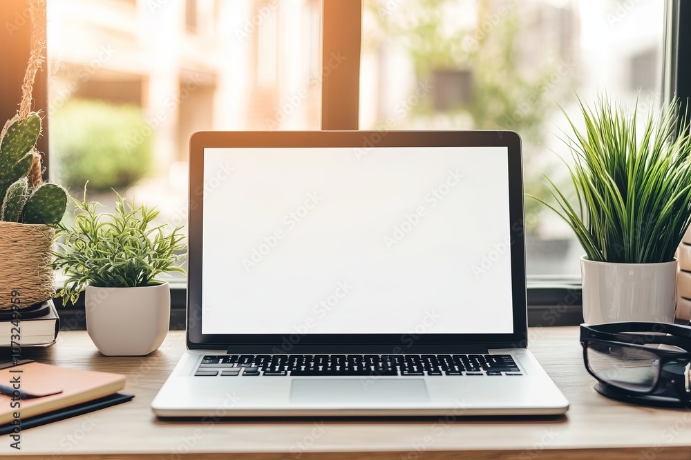 Close-up of a blank white screen on a laptop on a desk. Close-up of a blank white screen on a laptop on a desk.