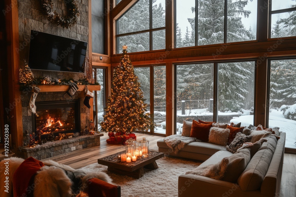 Cozy Cabin Living Room with Christmas Tree and Fireplace Cozy Cabin Living Room with Christmas Tree and Fireplace