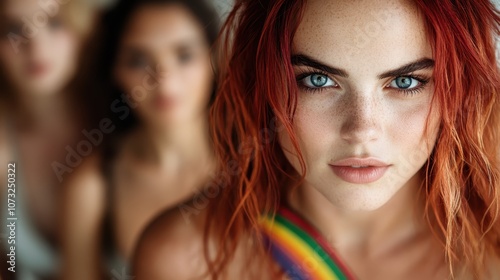 Red-haired woman with blue eyes and a rainbow strap, expressing individuality and self-confidence, with two blurred figures in the background to suggest diversity. photo