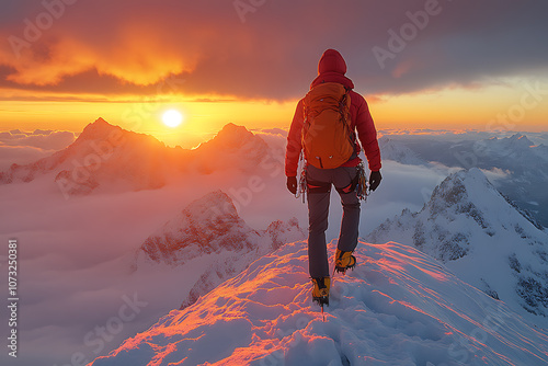 A person climbing a mountain peak at sunrise, symbolizing motivation, achievement, and reaching goals, set against a beautiful natural landscape, inspiring determination and perseverance.
